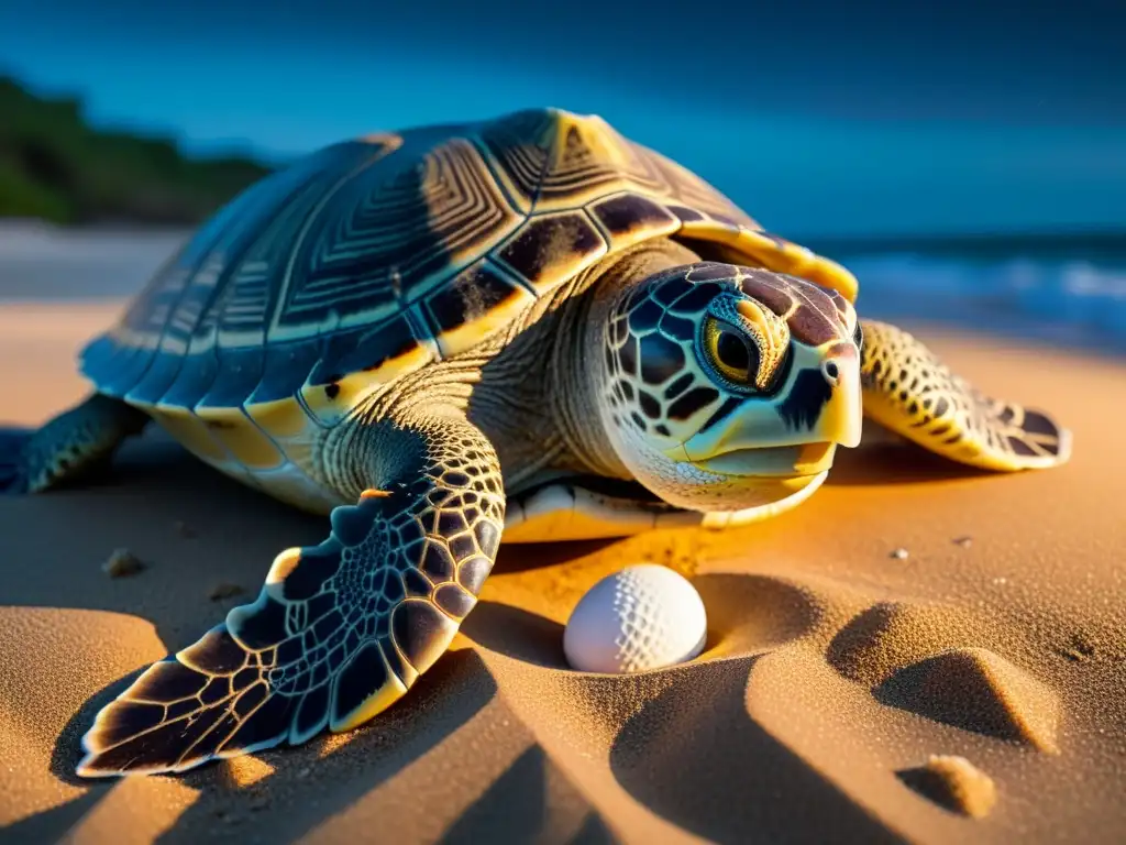 Imagen de una tortuga marina en peligro anidando en la playa, iluminada por la luna, con conmovedoras señales de la presencia humana