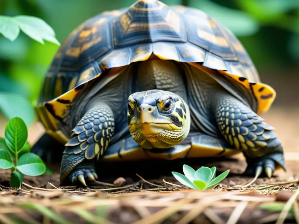 Imagen de reproducción de tortugas en cautiverio con atención a detalles y expresión determinada del reptil, rodeado de vegetación exuberante