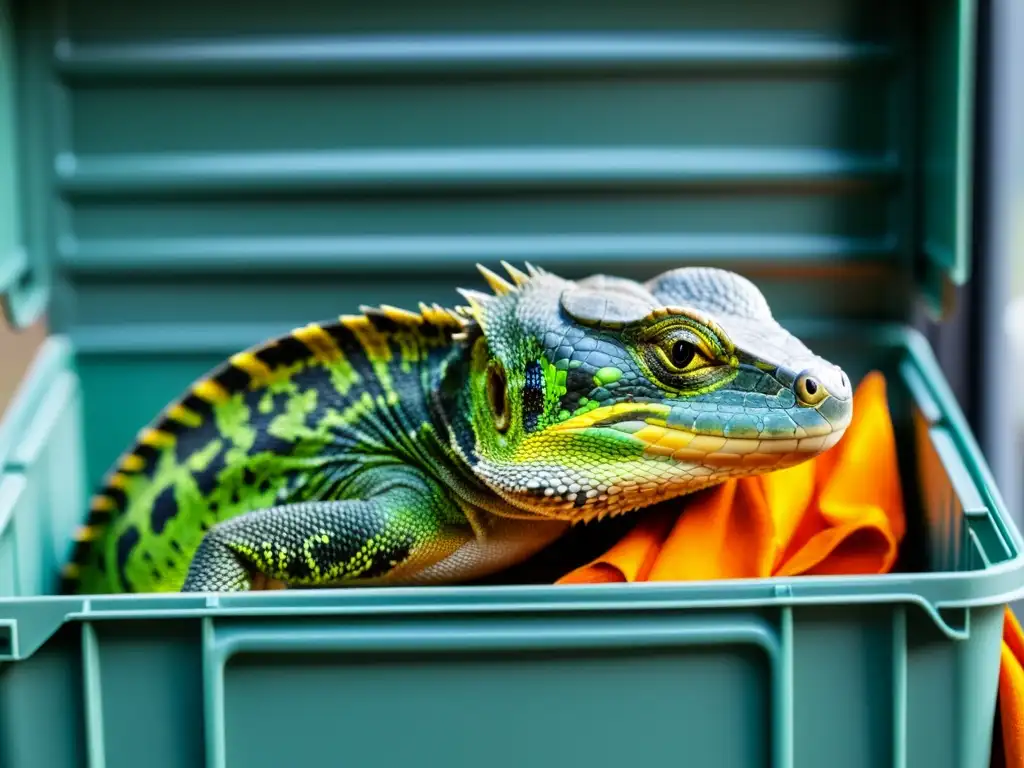 Imagen de transporte seguro de reptiles con técnicas especializadas y confort, garantizando un viaje libre de estrés para el reptil