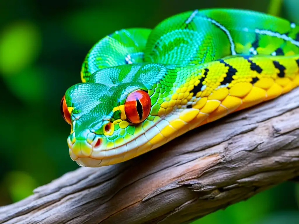 Imagen de una pitón verde en un árbol, con camarones limpiadores