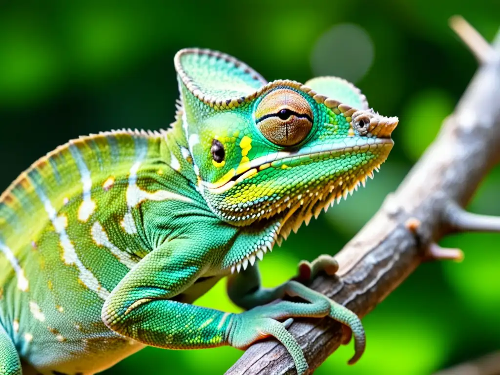 Imagen de un camaleón verde en primer plano, fotografiado desde ángulos creativos, con detalles asombrosos y una belleza única