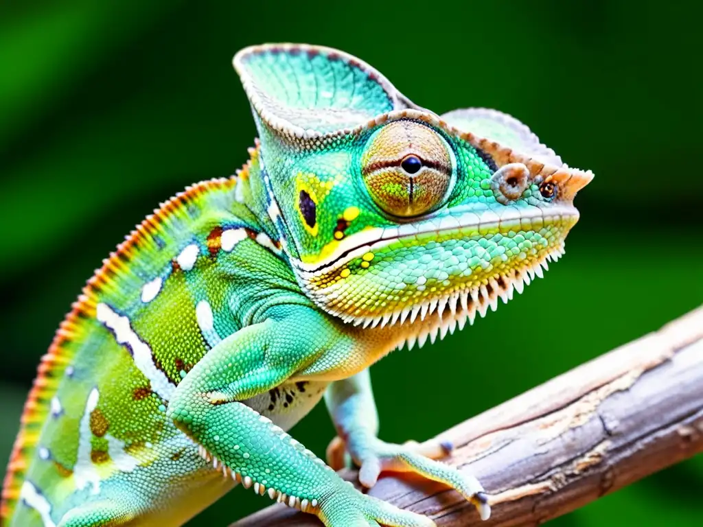 Imagen de un camaleón verde vibrante capturando un insecto con su lengua, en un entorno tropical