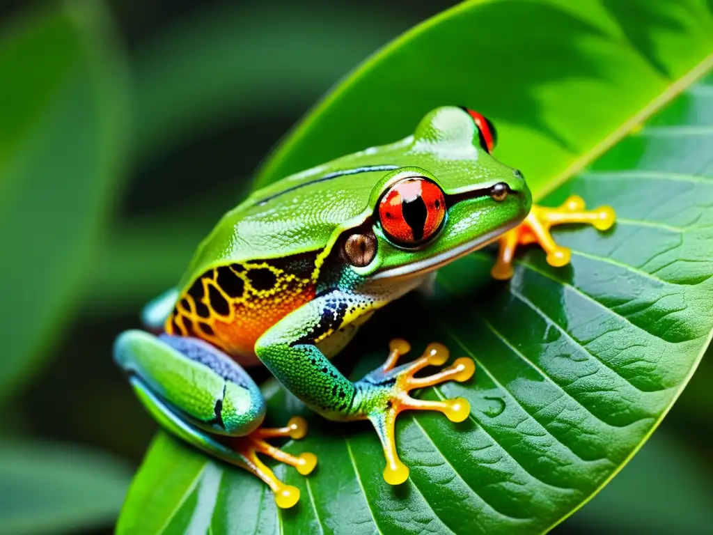 Imagen de un vibrante árbol rana en la selva, resaltando la importancia de la protección de los anfibios en los parques nacionales