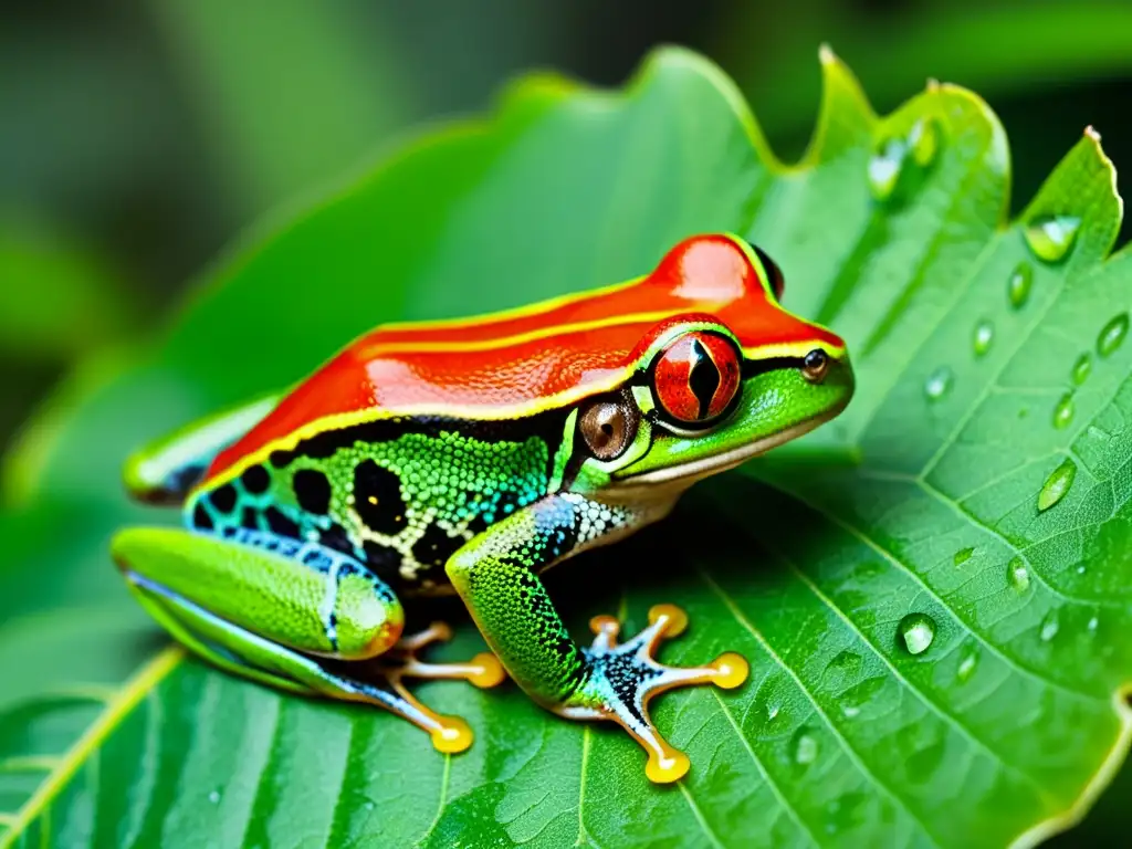 Una imagen de alta resolución de una vibrante rana de ojos rojos en una hoja verde exuberante, con textura de piel y colores hipnotizantes