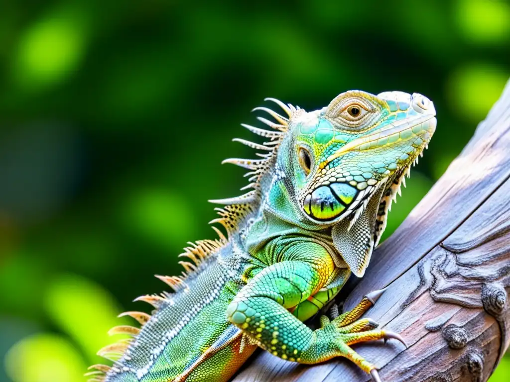 Una impactante fotografía educativa de un detallado primer plano de una iguana verde en su entorno natural, con escamas e iris vívidos