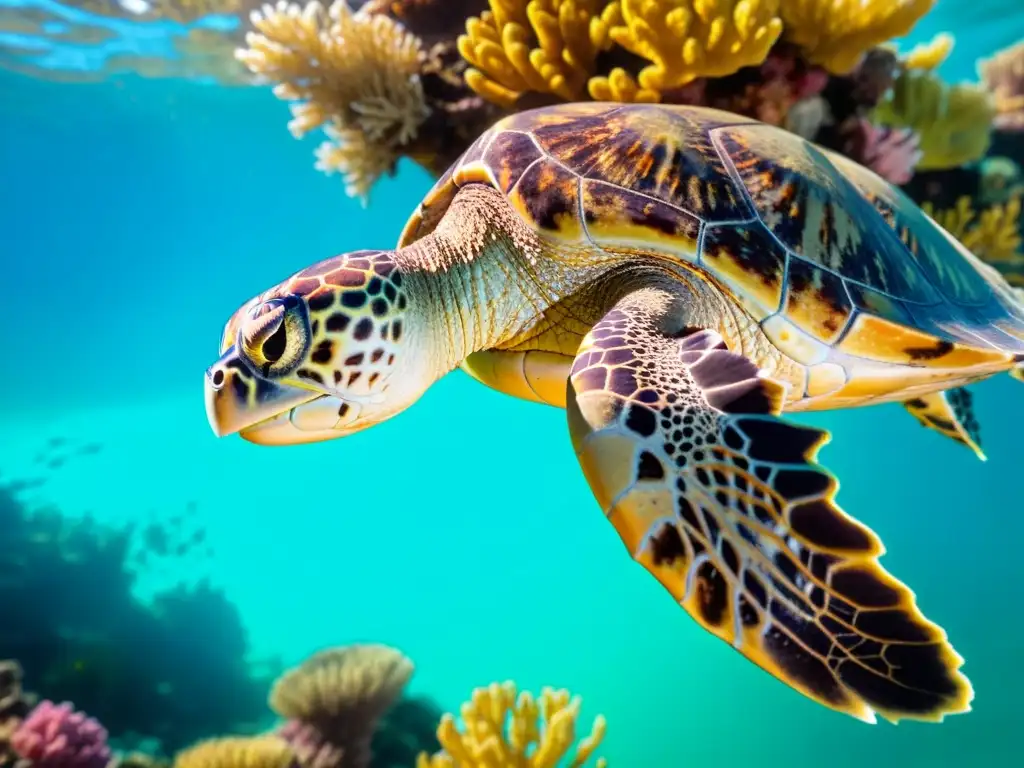 Una impactante imagen de una tortuga carey nadando entre arrecifes de coral, con la luz del sol filtrándose a través del agua