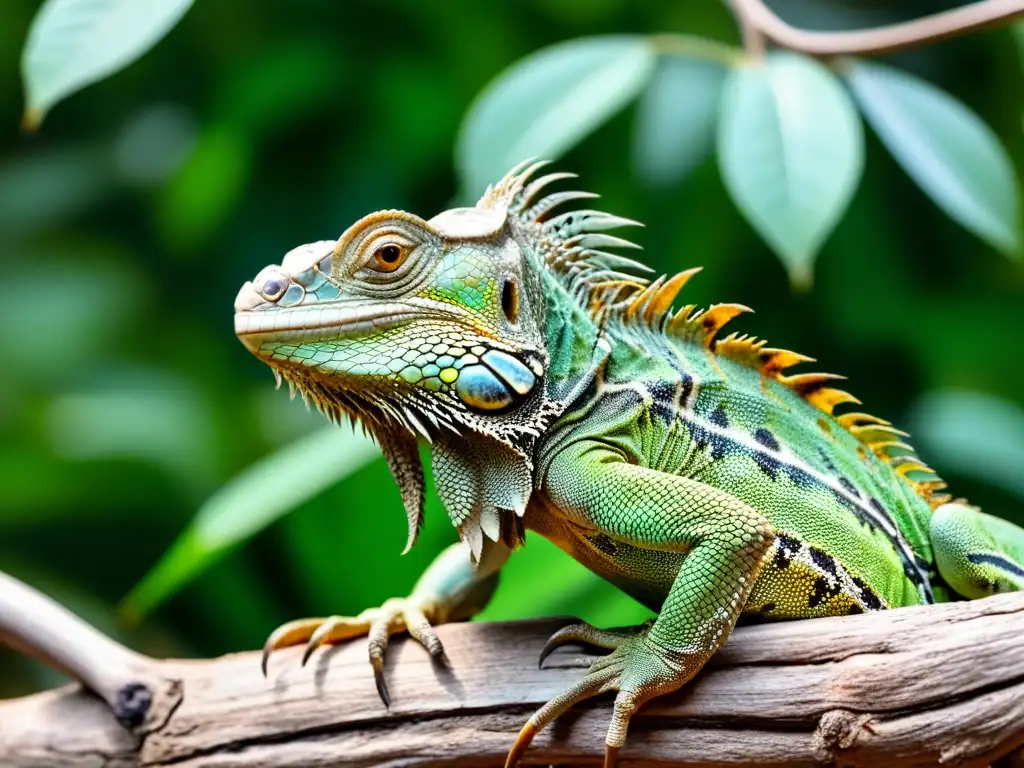 Una impactante imagen de una iguana desnutrida en un ramo, con ojos hundidos y costillas visibles, transmitiendo angustia y deterioro físico