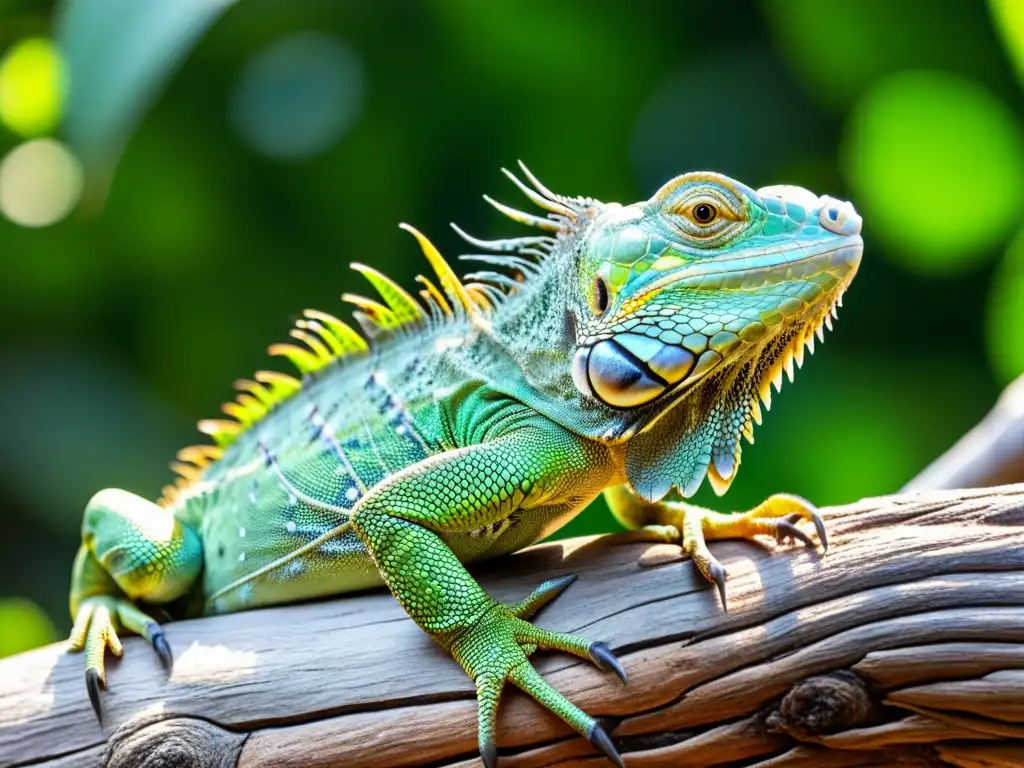 Una impactante imagen de una iguana verde descansando en una rama, con escamas y texturas detalladas en su piel