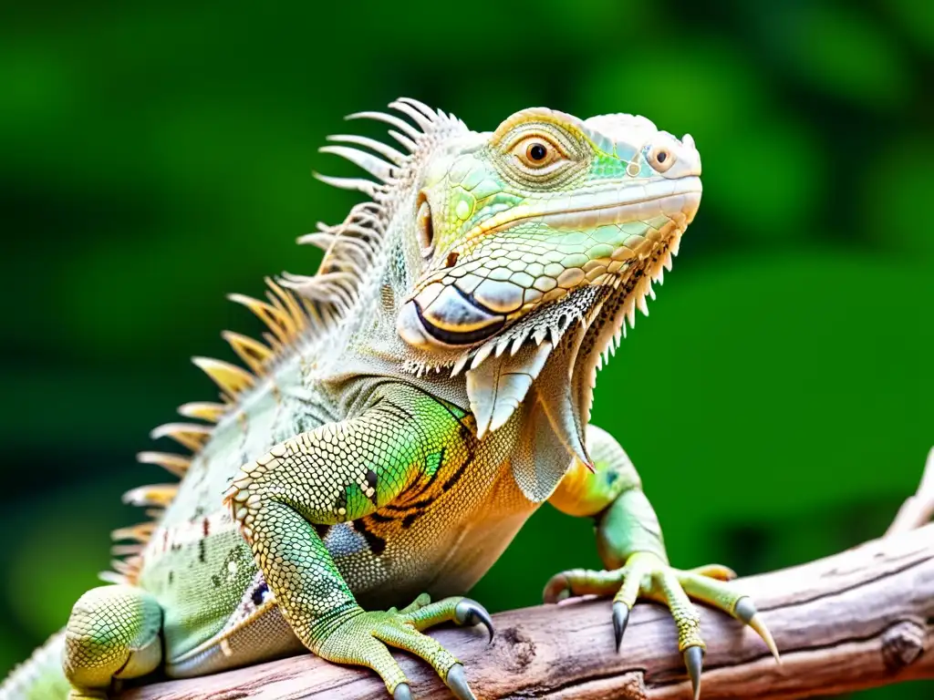 Una impactante imagen en primer plano de una iguana verde en su hábitat natural, mostrando sus vibrantes escamas y patrones