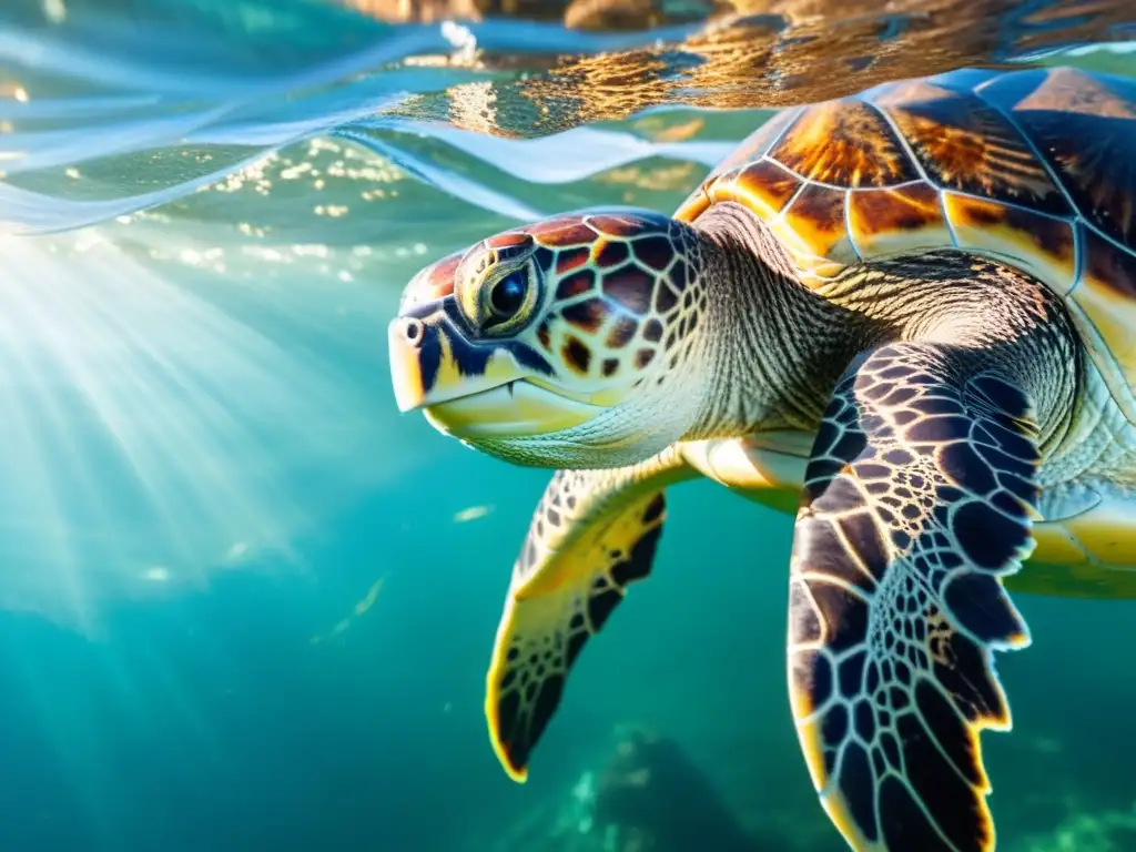 Una impactante imagen de una tortuga marina atrapada en redes de pesca, luchando por liberarse mientras la luz del sol brilla a través del agua