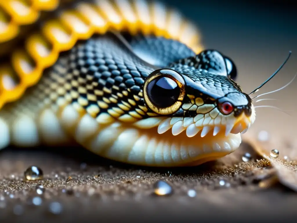 Impactante imagen de toxicología: fang de serpiente inyectando veneno a ratón asustado en entorno científico