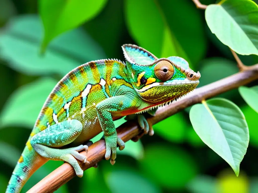 Una impactante fotografía de alta resolución de un camaleón verde vibrante en su hábitat natural, exhibiendo su flexibilidad y belleza