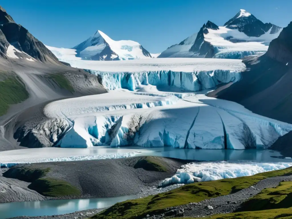 Impacto del calentamiento global en el paisaje montañoso con un glaciar al fondo, mostrando el contraste entre picos helados y glaciares en retroceso