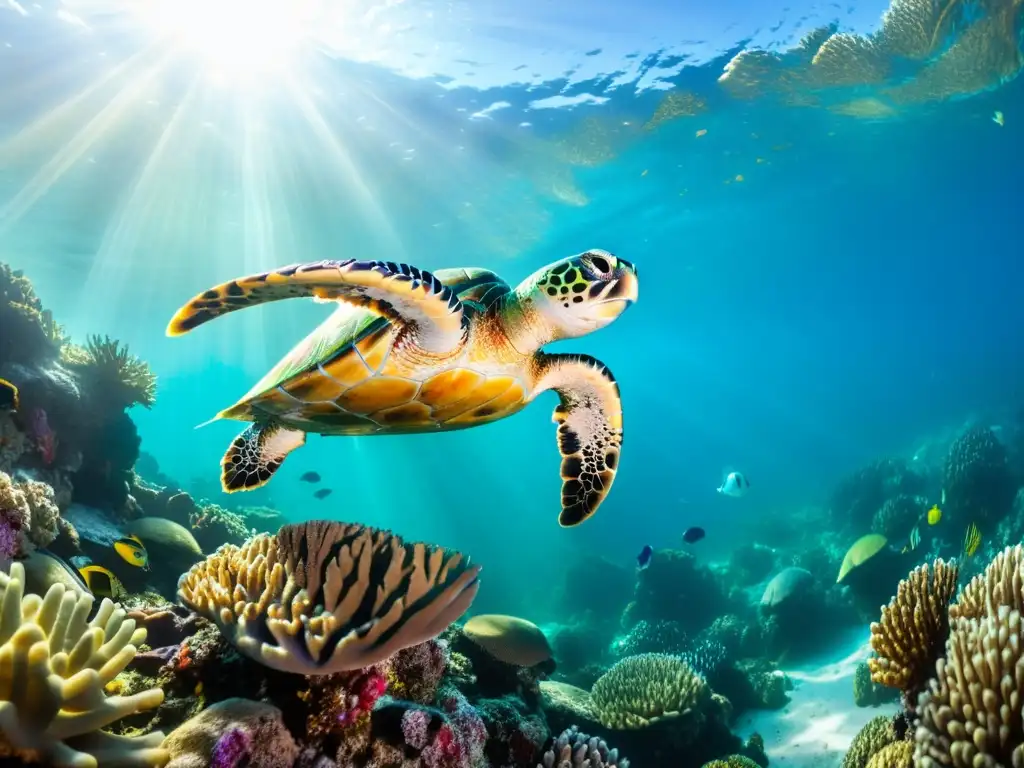 Impacto del cambio climático en las tortugas marinas que navegan en un vibrante arrecife de coral, rodeadas de vida marina diversa