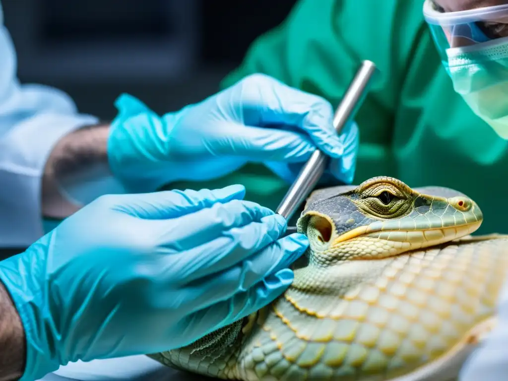 Implantes ortopédicos para reptiles: Imagen detallada de una cirugía delicada, con enfoque, equipo médico y la vulnerabilidad de un reptil confiado