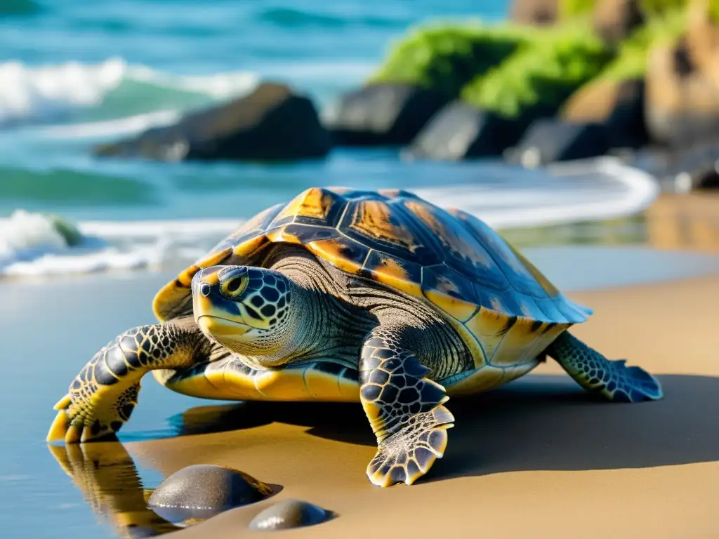 Imponente tortuga marina antigua reposa en la costa rocosa, con paisaje costero y ojos sabios