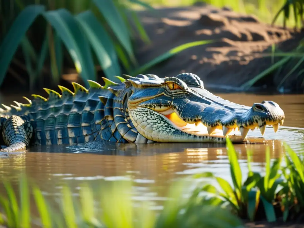 Imponente cocodrilo del Nilo en ecosistemas no nativos, reposando en la orilla del río con escamas relucientes y mirada depredadora