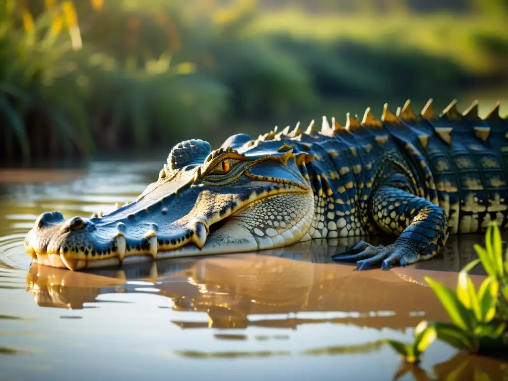 Imponente cocodrilo tomando el sol en la orilla de un río, su piel escamosa resplandece