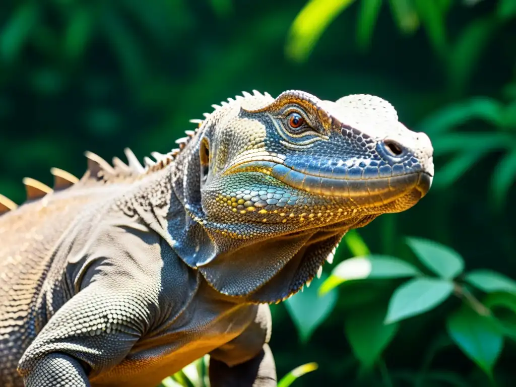 Un imponente dragón Komodo en su hábitat natural, su piel escamosa y ojos penetrantes reflejan misterio y poder