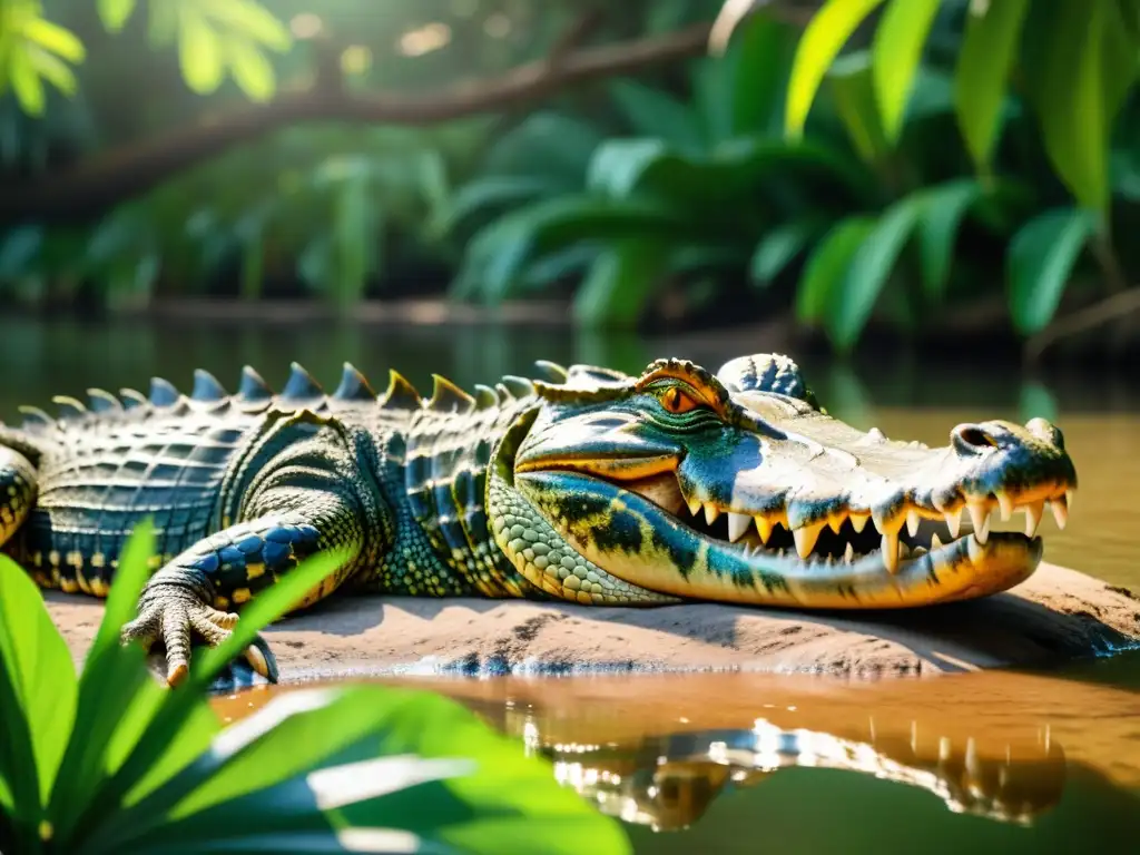 Un imponente lagarto antiguo descansa en la orilla de un río tropical