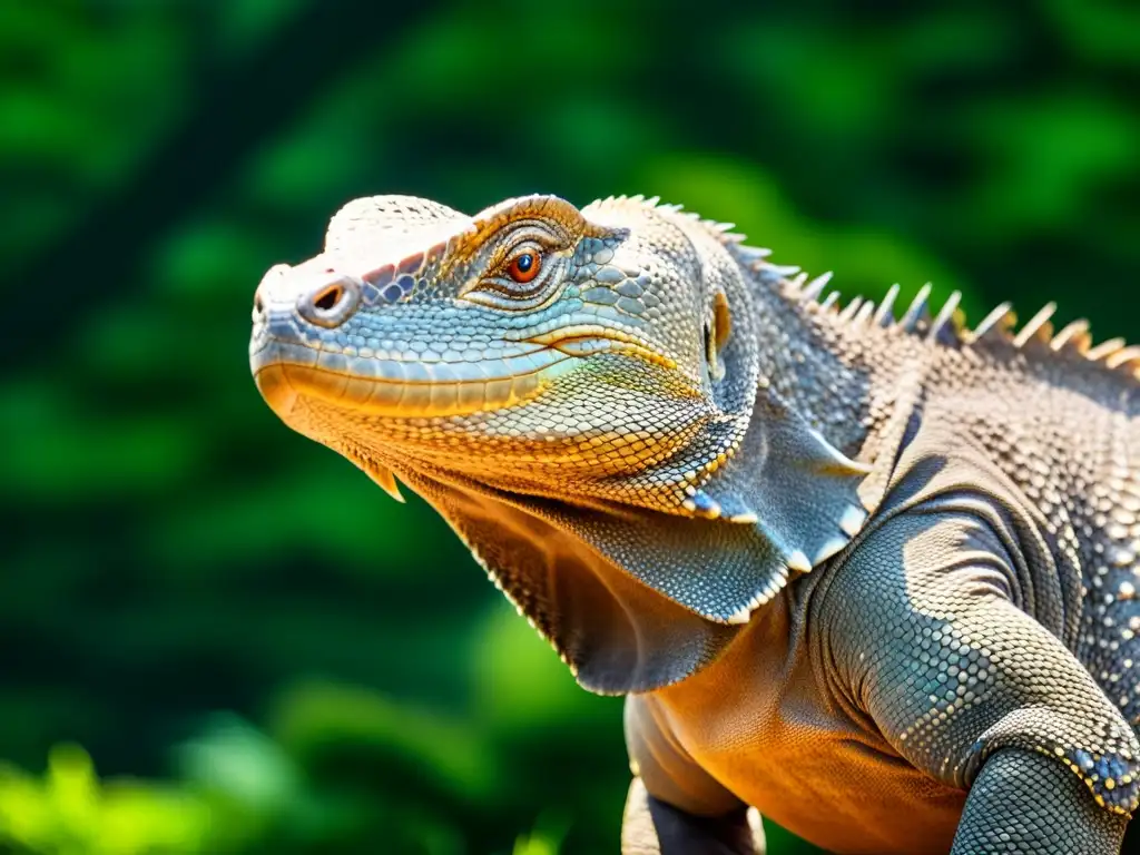 Imponente lagarto Komodo en su hábitat natural, destacando su mirada penetrante y escamas texturizadas