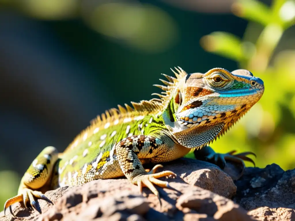 Un imponente lagarto descansa al sol en un escarpado terreno rocoso, sus escamas brillan bajo la luz