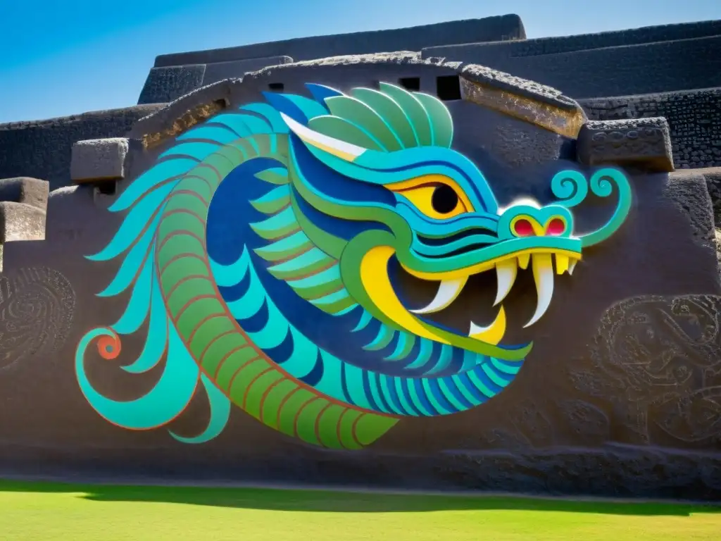 Imponente mural de Quetzalcóatl, la Serpiente Emplumada, en Teotihuacan, con detalles vibrantes y colores brillantes que dan vida a la deidad