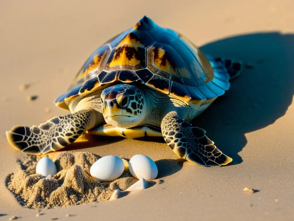 Imponente tortuga carey anidando en la playa iluminada por la luz de la luna, destacando la importancia de las tortugas como indicadores ambientales