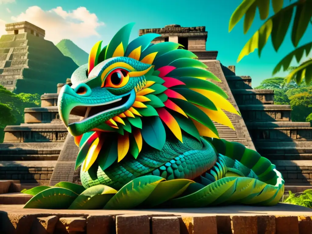 Imponente Quetzalcoatl en una pirámide en la selva, evocando la leyenda de reptiles en leyendas sudamericanas