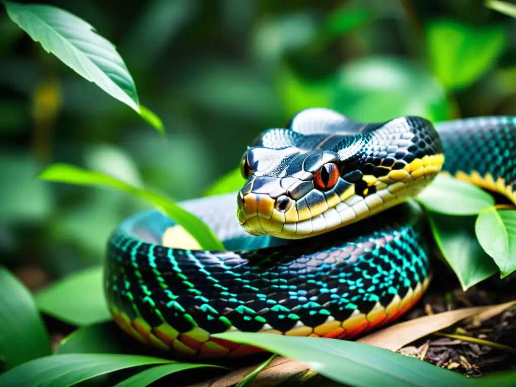 Imponente cobra real explorando la exuberante selva, con sus vibrantes escamas brillando bajo el sol