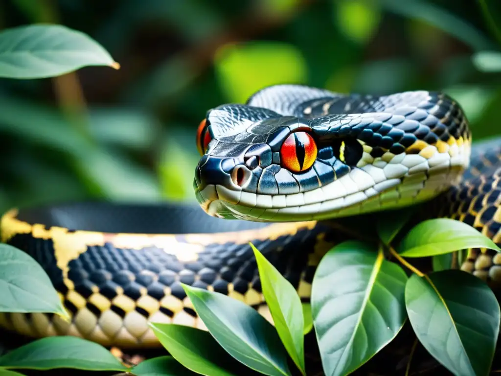 Imponente cobra real en su hábitat natural, resaltando sus escamas vibrantes y mirada intensa