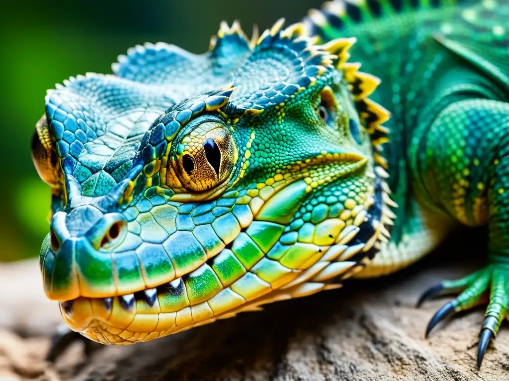 Imponente reptil en pleno cortejo, con escamas vibrantes y mirada intensa