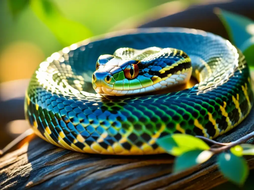 Imponente serpiente enroscada en rama, escamas relucientes al sol en hábitat natural