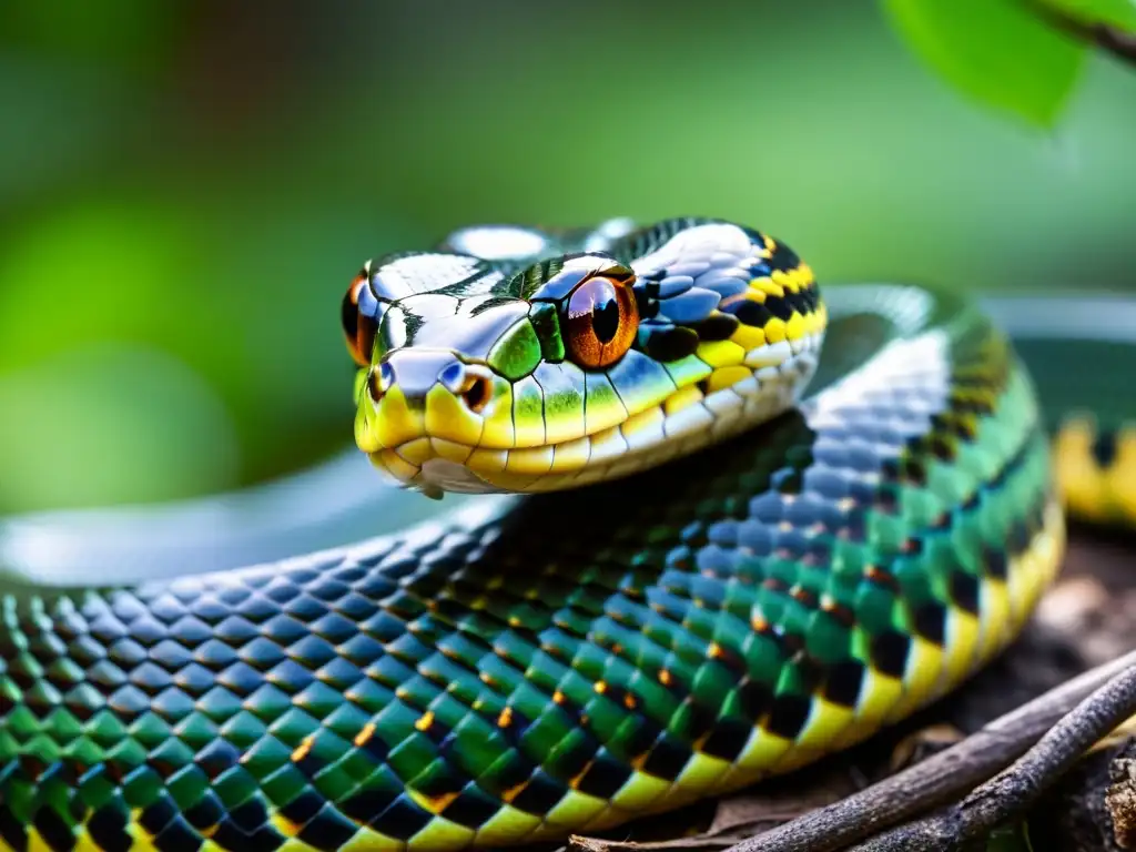 Imponente serpiente enroscada en rama, con escamas y mirada alerta