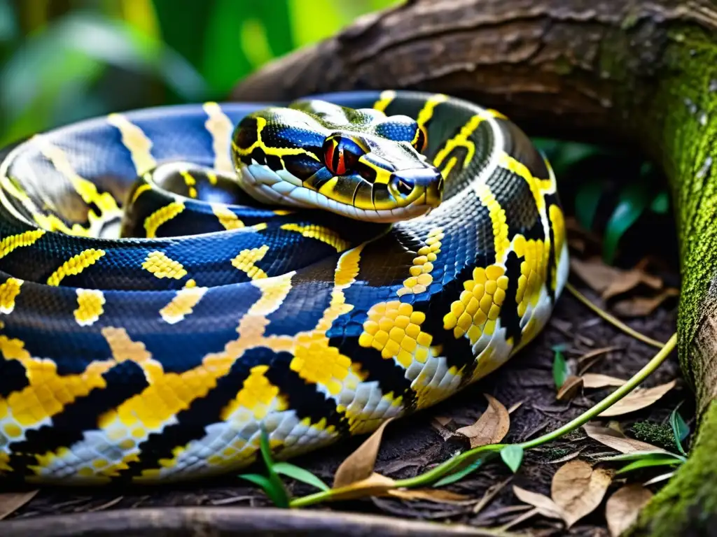 Imponente serpiente reticulada en la jungla, enroscada alrededor de un árbol