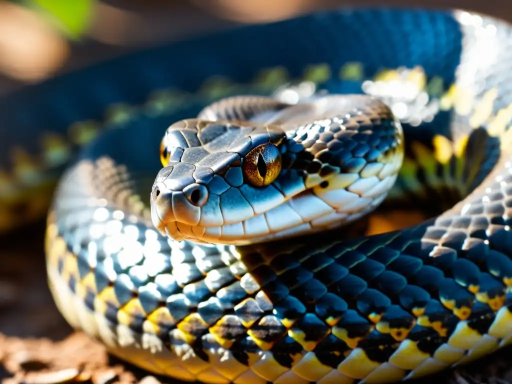 Imponente serpiente venenosa lista para atacar, brilla bajo el sol