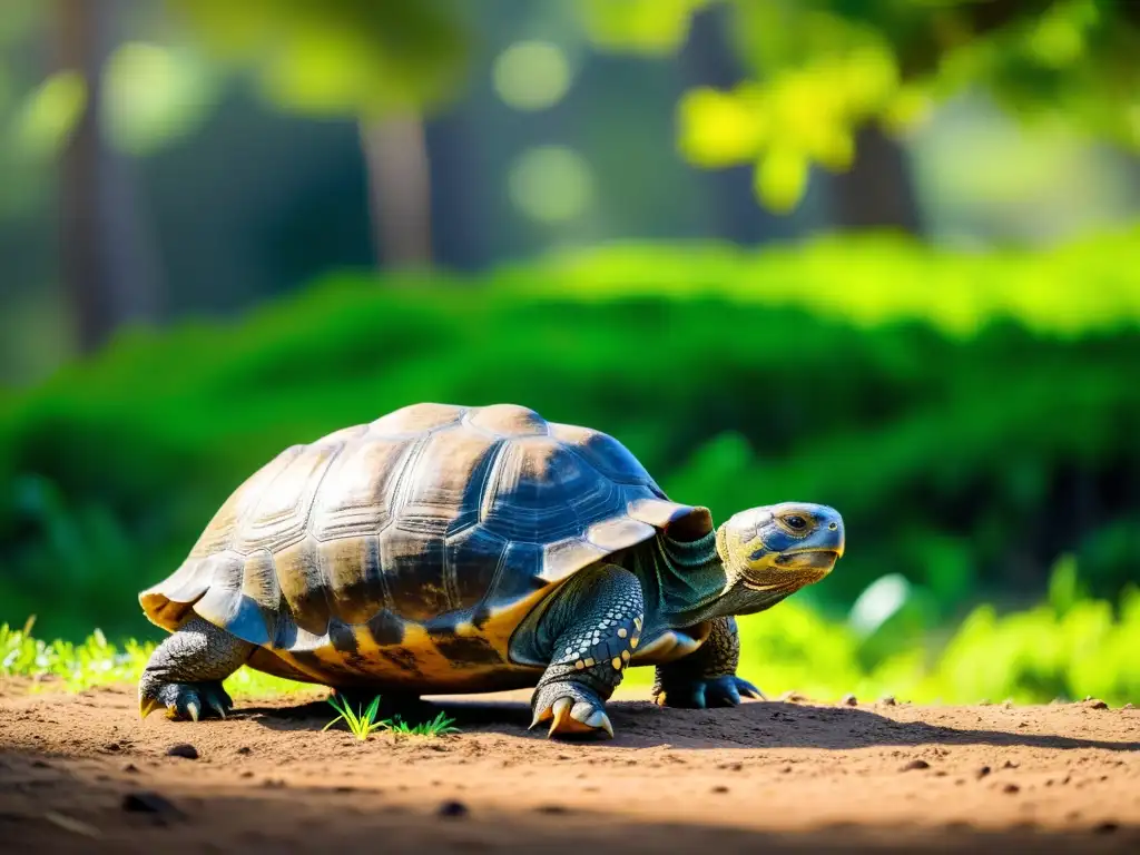 Imponente tortuga de Galápagos avanza entre exuberante vegetación, resaltando su longevidad y ciclos de vida reptiles longevos