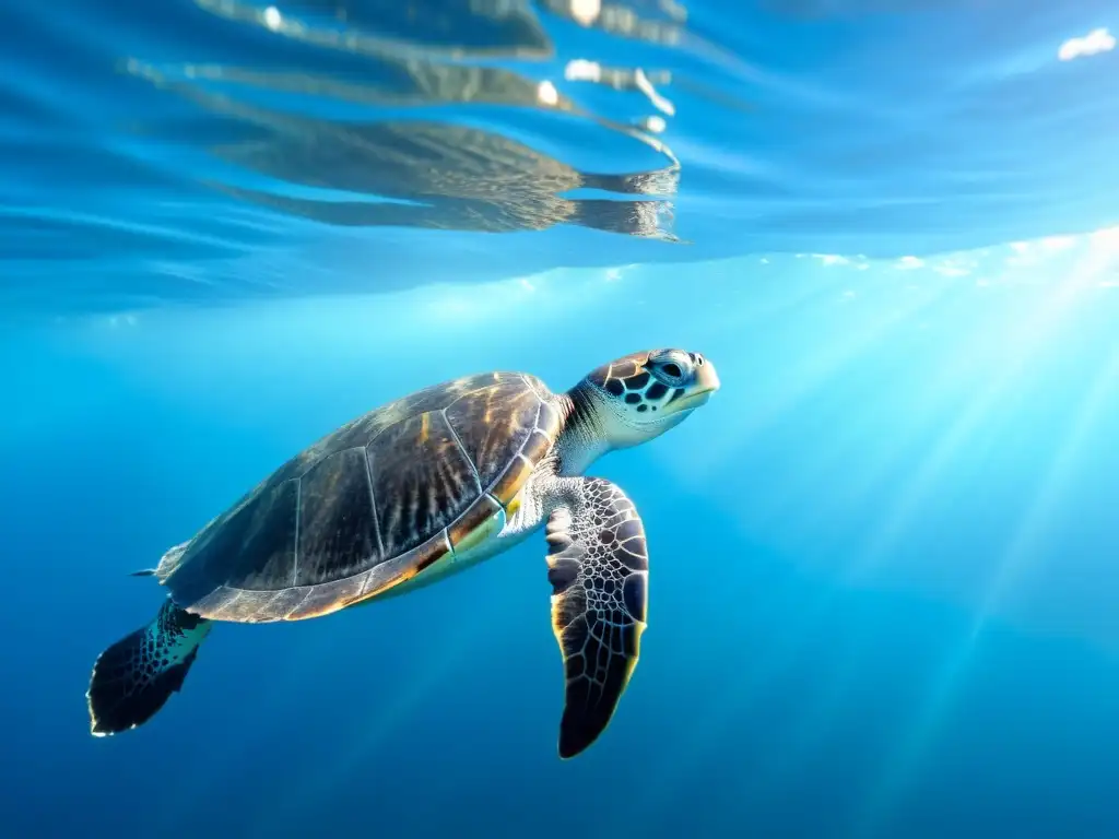 Imponente tortuga laúd nadando en aguas cristalinas, rodeada de peces brillantes