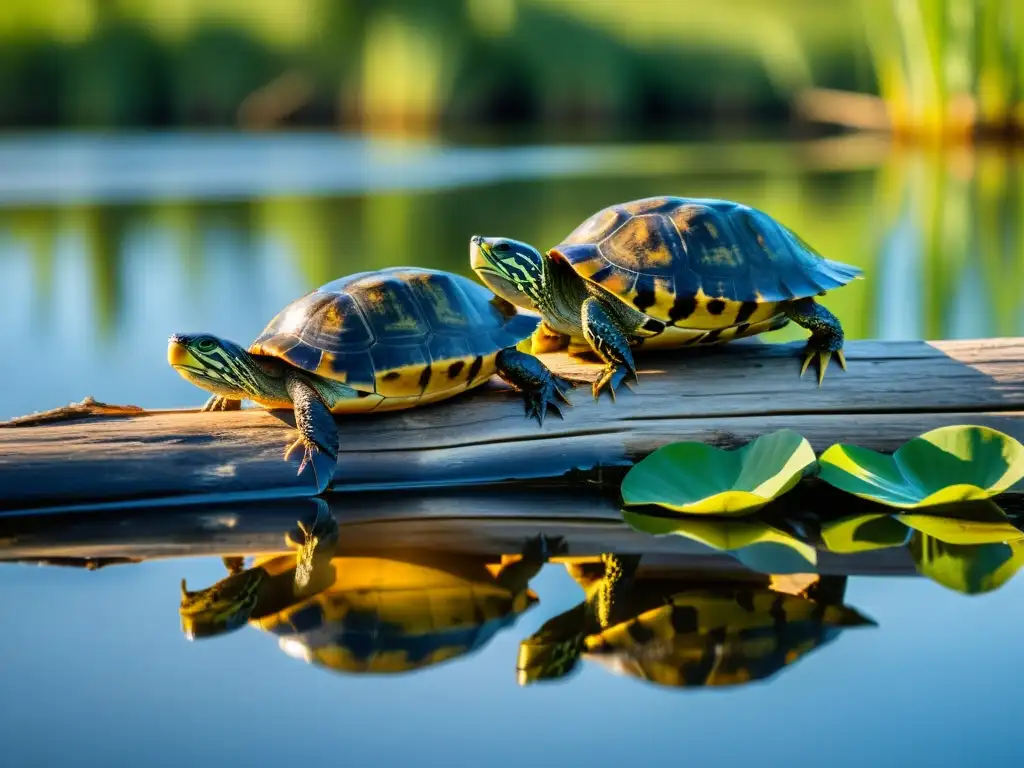 Importancia de las tortugas acuáticas: Grupo de tortugas acuáticas en su hábitat natural, baskándose en un tronco en un humedal sereno y natural