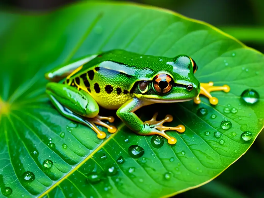 Una impresionante fotografía de un ágil anfibio verde aferrándose a una hoja húmeda en un bosque lluvioso