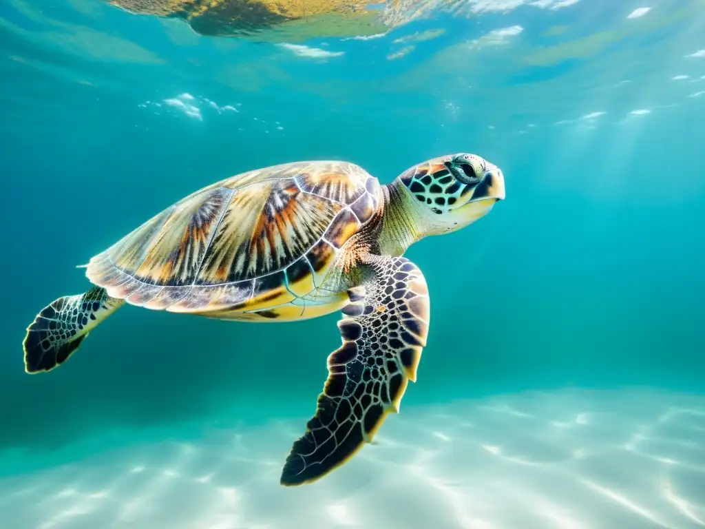 Una impresionante fotografía de una tortuga marina nadando elegantemente en el agua, destacando sus adaptaciones respiratorias para la vida acuática