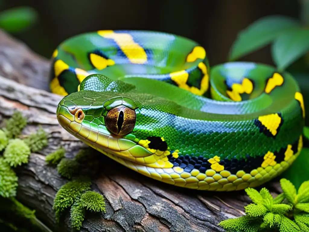 Vívido camuflaje: serpiente pitón verde en árbol musgoso Un impresionante árbol pitón verde camuflado entre el musgo, mostrando sus tácticas de escape en reptiles con detalle asombroso