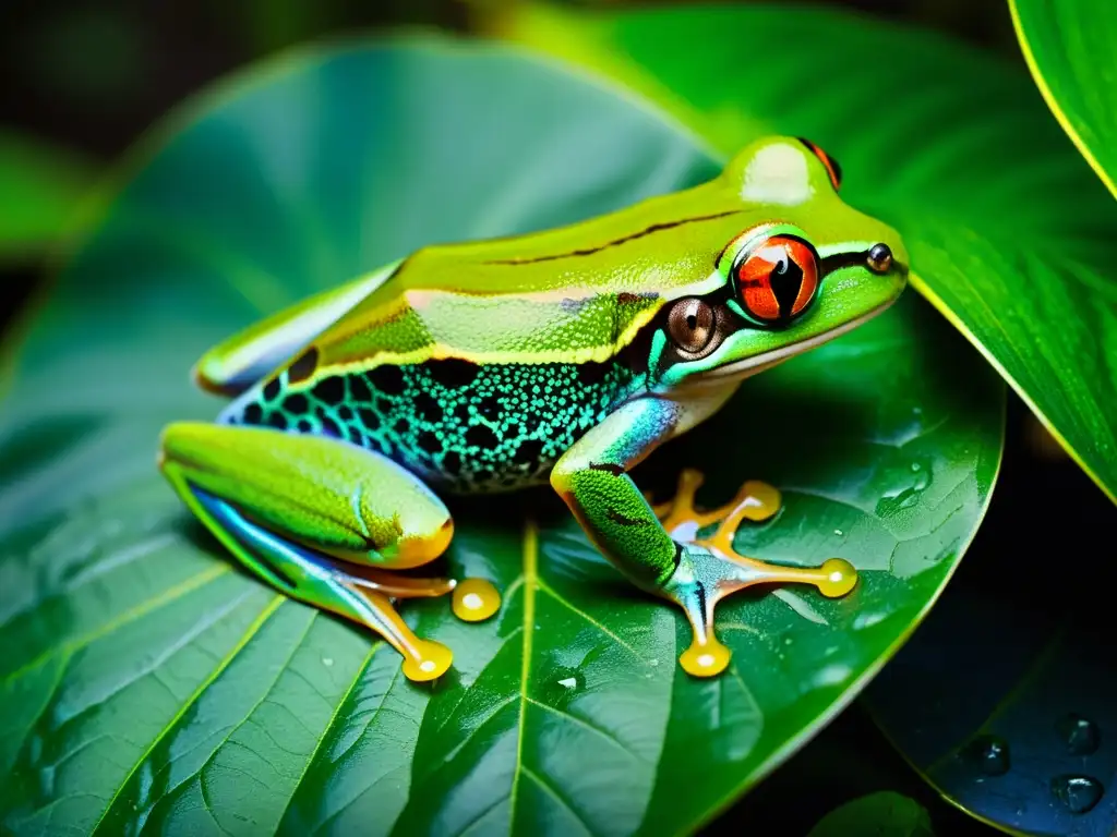 Una impresionante fotografía de un bosque tropical exuberante, con una rana de ojos rojos en primer plano sobre una hoja ancha