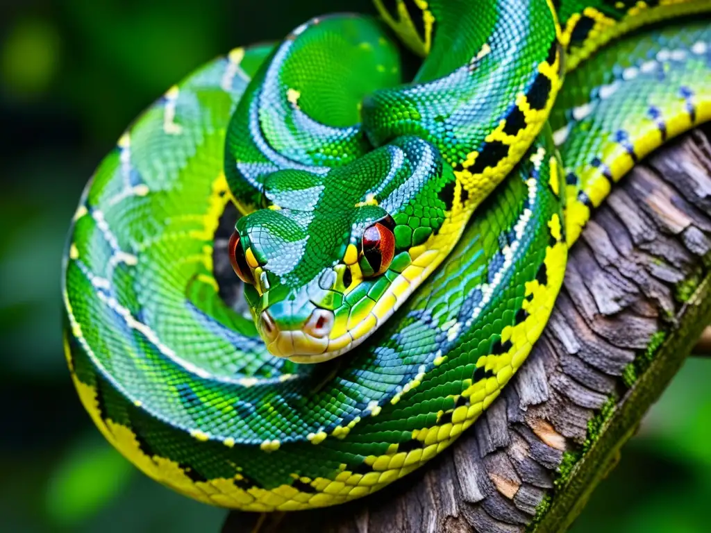 Un impresionante close-up de una pitón arcoíris enroscada en una rama, resaltando su vibrante coloración y la complejidad de sus escamas