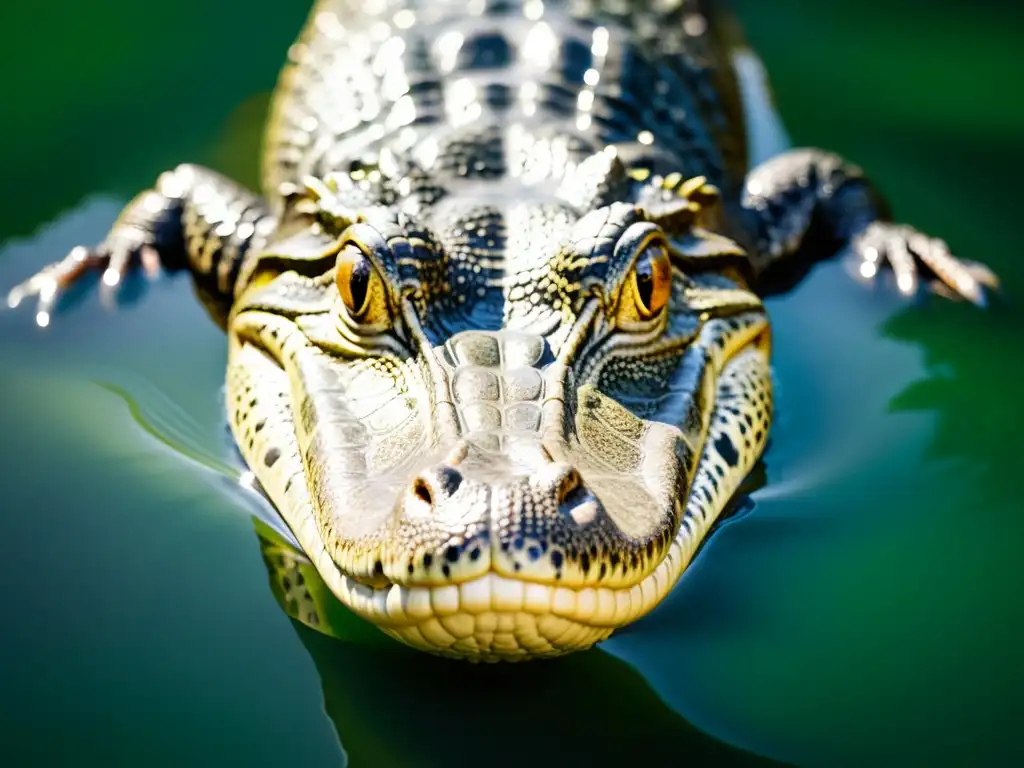 Un impresionante cocodrilo acechando en el agua, sus ojos y fosas nasales asoman, listo para cazar