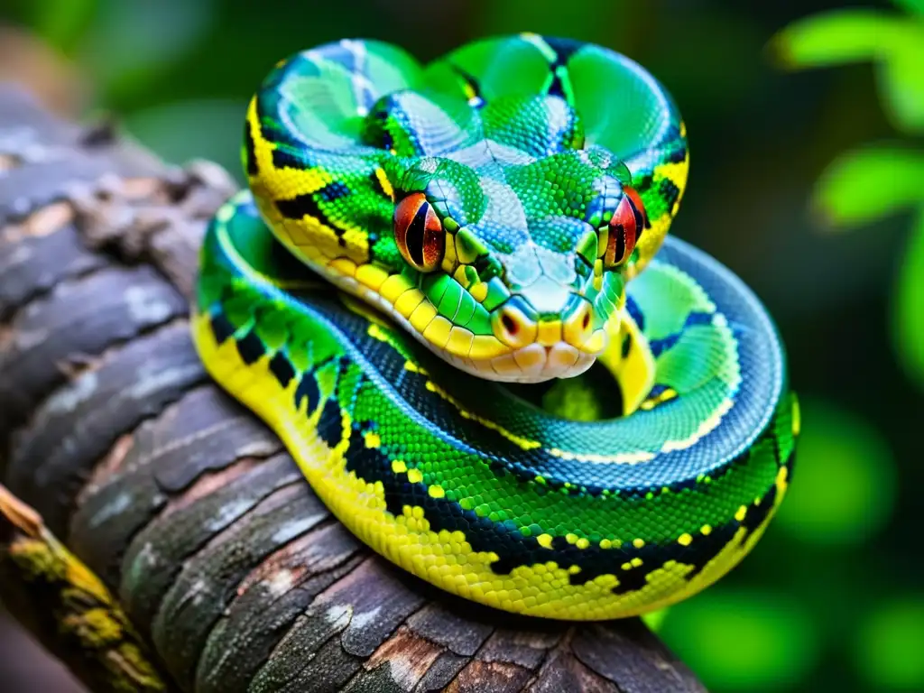 Una impresionante fotografía detallada de una serpiente pitón verde enroscada alrededor de una rama de árbol, mostrando sus patrones y escamas