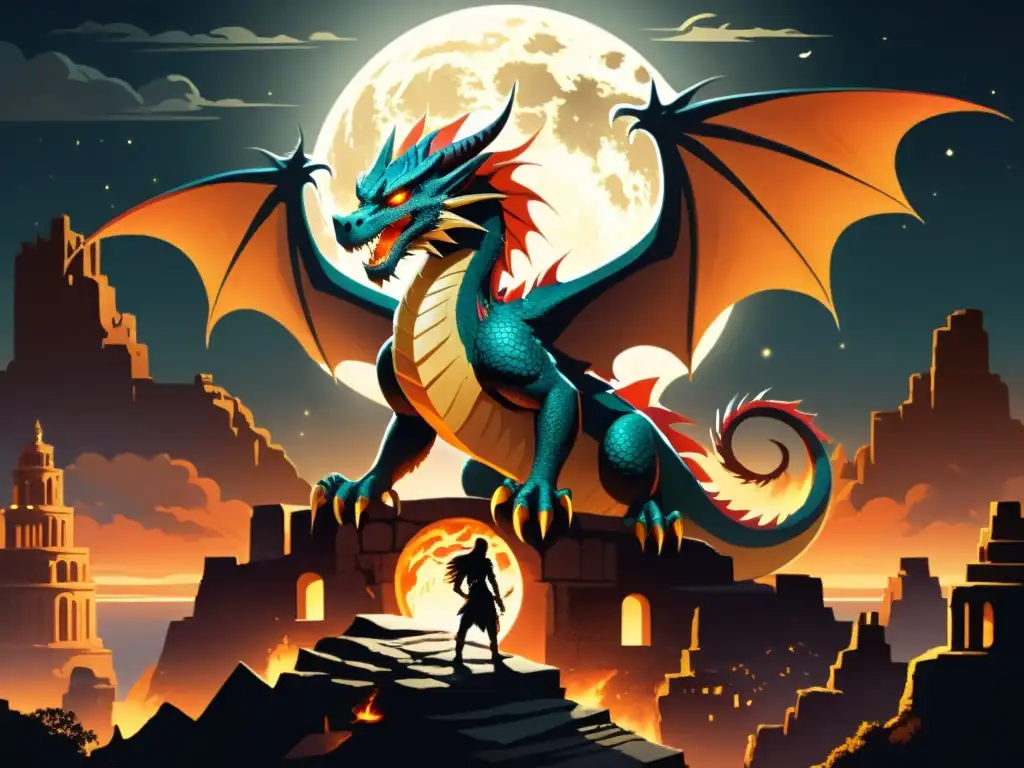 Impresionante ilustración de un escenario mitológico con un majestuoso ser similar a un dragón