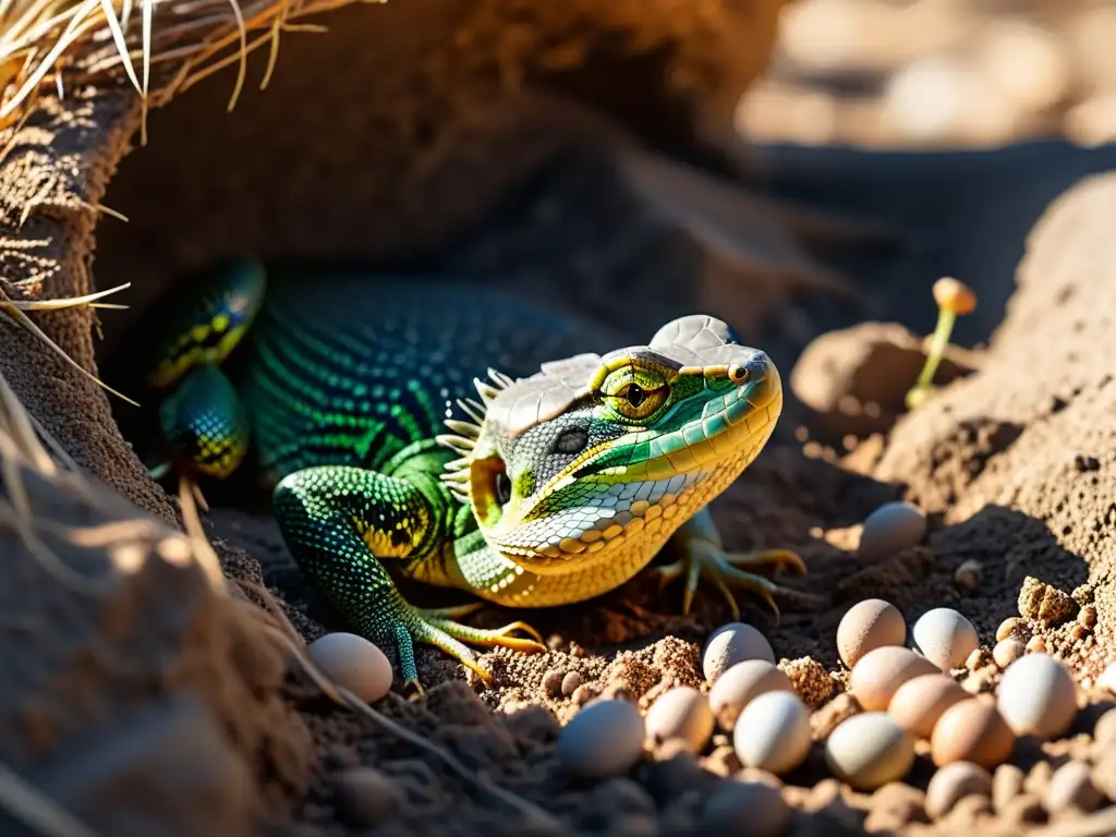 Una impresionante fotografía detallada muestra a una hembra reptil poniendo huevos en su nido