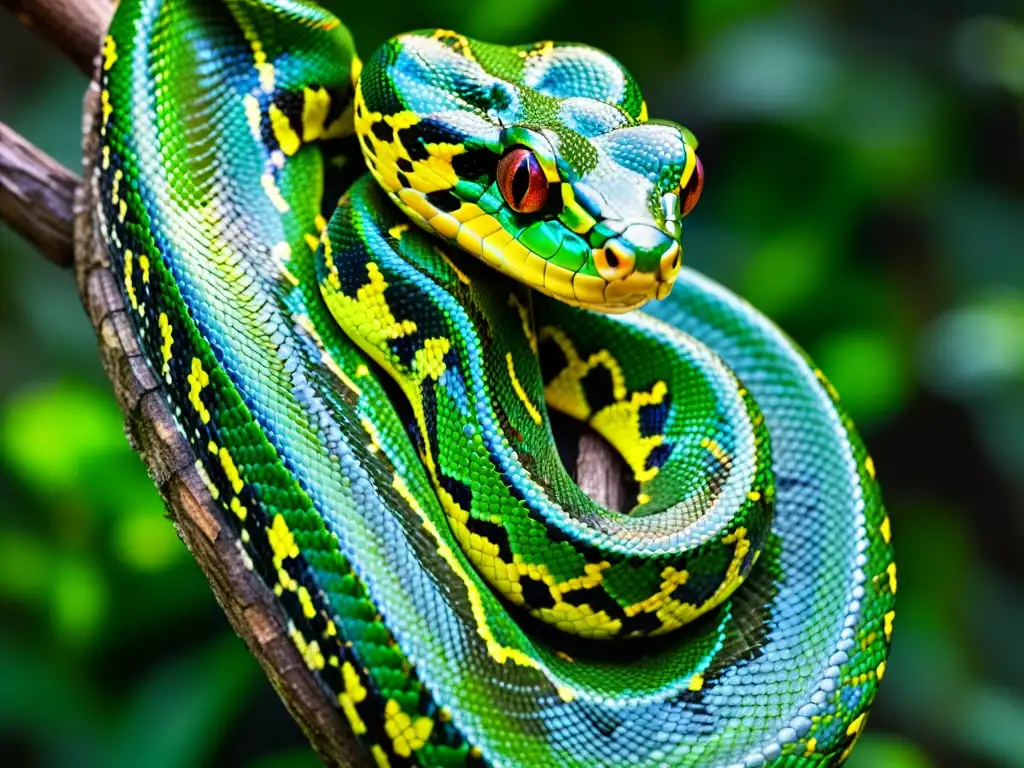 Una impresionante fotografía que cambia la percepción de reptiles, muestra la intensa mirada y la belleza natural de una pitón verde enroscada en una rama, con sus vibrantes ojos amarillos