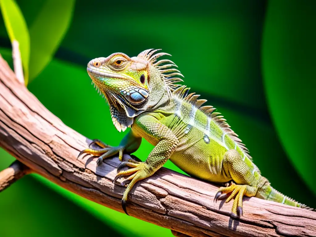 Una impresionante iguana verde enriquecida ambientalmente, con detalles cautivadores en escamas, ojos y garras